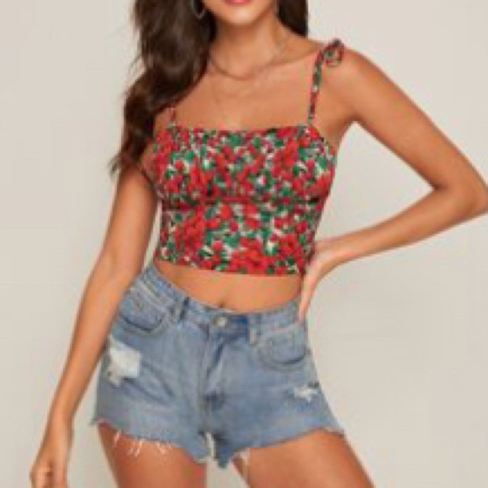 Shirred Back Knotted Floral Cami Top